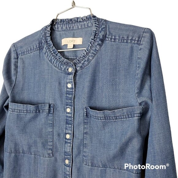 💎Loft Long Sleeve Button Down Ruffle Band Denim Top - Picture 3 of 5